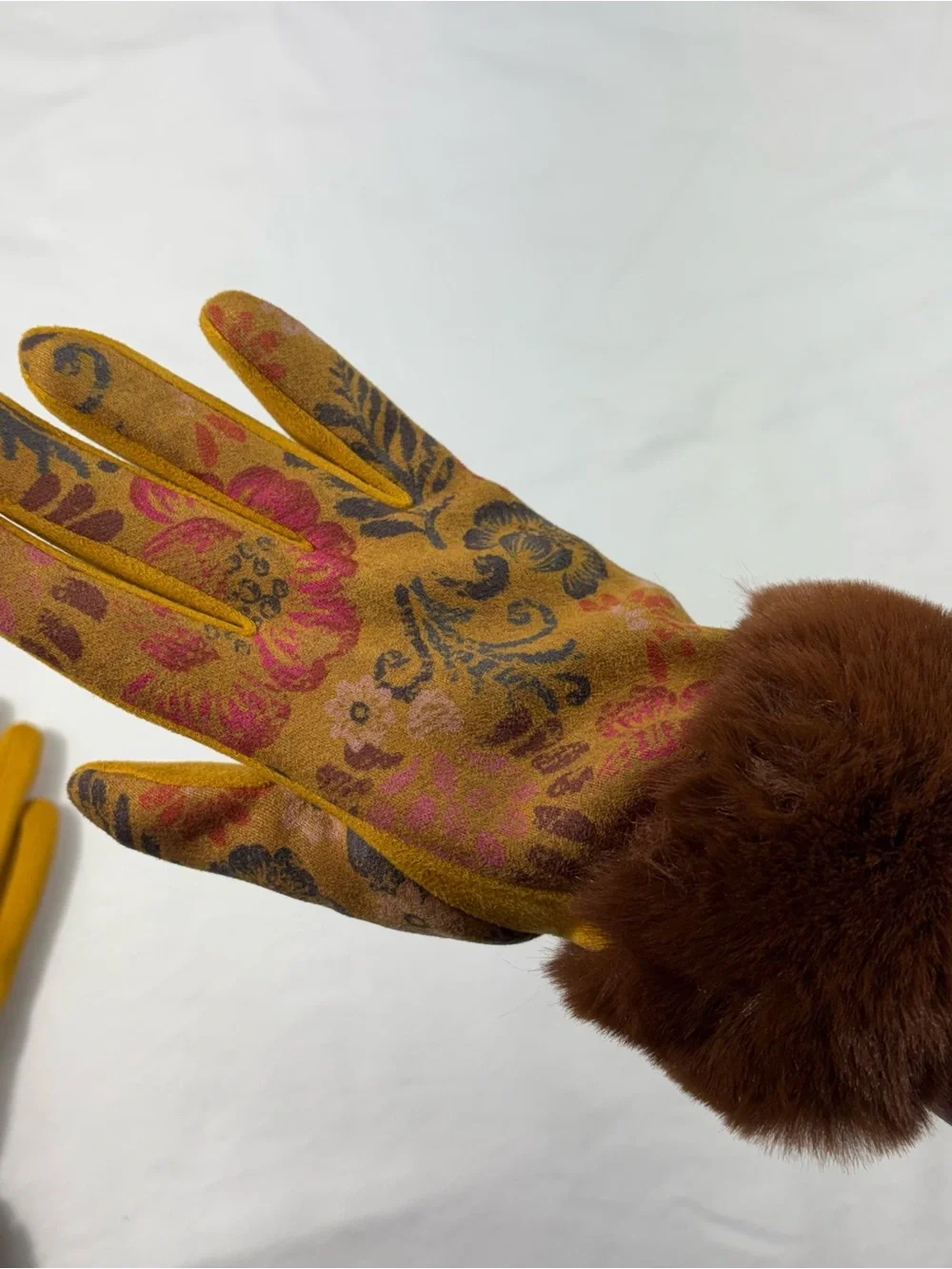 Powder UK Bernadette Fur Cuff Mustard Floral Suede Gloves Art Deco Eccentricity